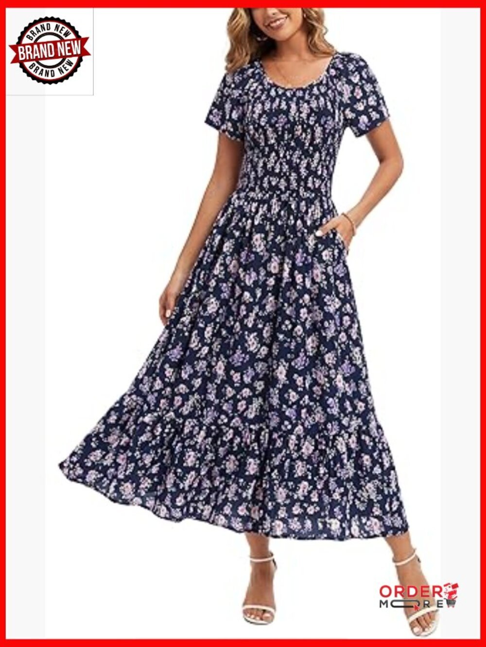 Boho Floral Smocked Maxi Dress with Pockets